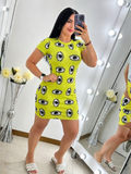 Vestido corto con estampado de ojos verde lima