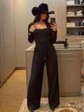 Pantalon de lino de campana con elastico color negro