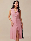Vestido de bocamanga con estampado de lineas blancas color rosa