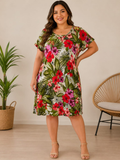 Vestido con estampado de plantas y flores Verde