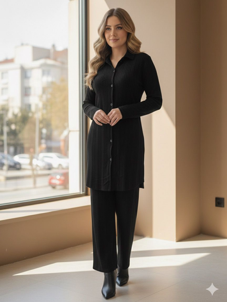 Conjunto textura de lineas de camisa larga y pantalon color negro