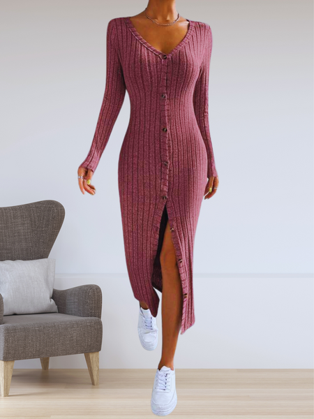 Vestido De Jersey Manga Larga Para Mujer - Con Botones Y Bolsillos, Color Fucsia, Talla XL, Estilo Holgado Y Cómodo