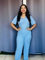 Conjunto crepe con cuello V y manga corta y pantalon azul