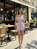 Conjunto de blusa corrugada corta con short lino lila