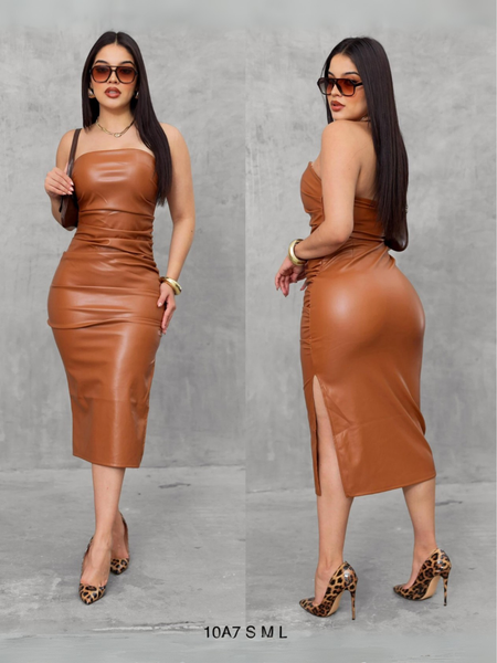 Vestido straple de vinipiel color café