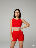 Conjunto de short y blusa color plata con barbas color rojo