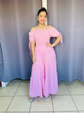 Vestido con elastico en cintura y listones en manga rosa