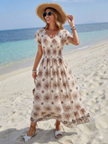 Vestido con estampado floral y elastico en cintura manga mariposa beige