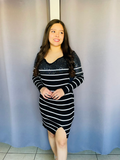 Vestido con escote V estampado de lineas con lentejuela negro