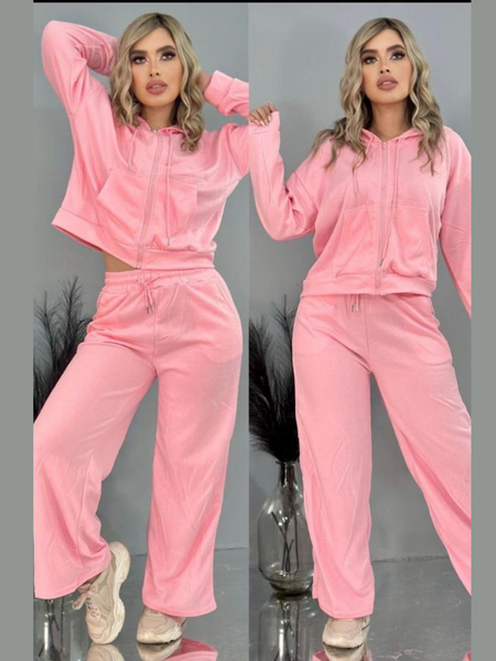 Conjunto de sudadera de zipper y pantalonera de campana rosa