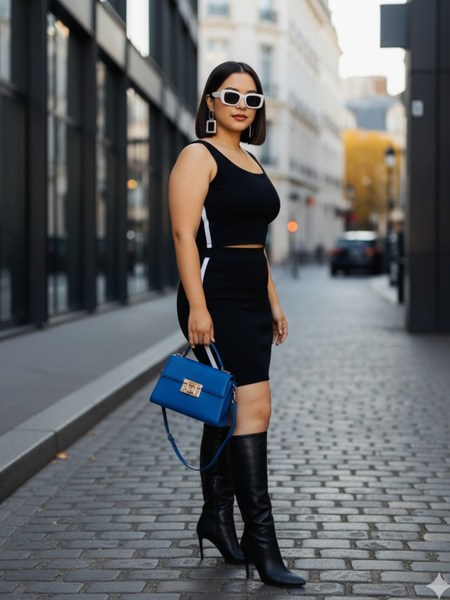 Conjunto tejido de falda y blusa con estampado de lineas a los costados negro