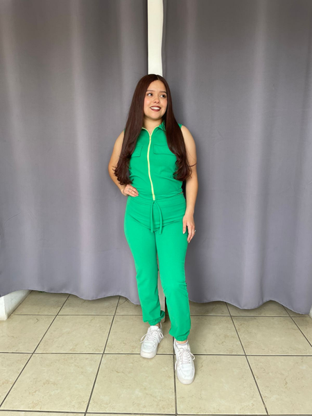 Conjunto de Jogger y blusa con zipper de bocamanga verde