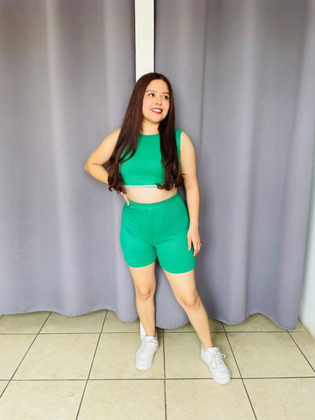 Conjunto de short y blusa color plata con barbas color verde