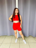 Conjunto de short y blusa color plata con barbas color rojo