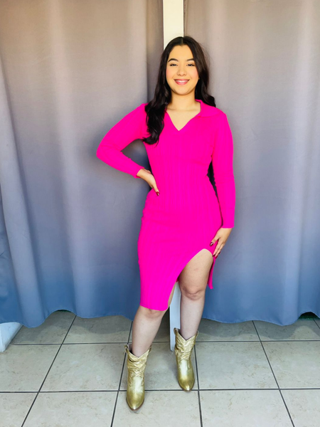Vestido escote V de manga larga rosa