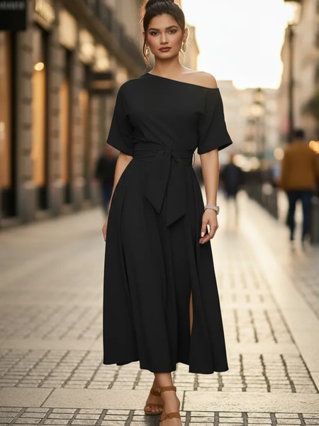 Vestido midi con escote asimetrico y cinturon negro