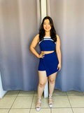 Conjunto de falda y top con rayas blancas azul rey