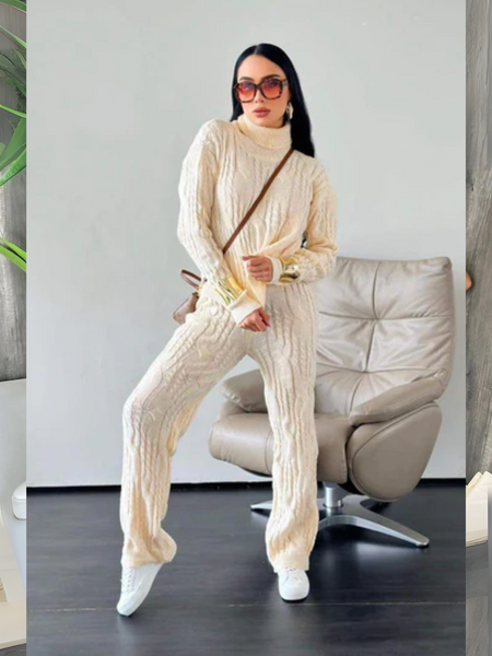 Conjunto tejido de sueter y pantalon de campana beige