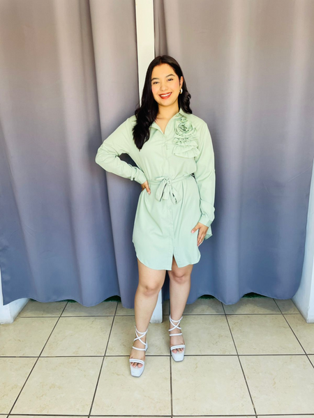 Vestido con estampado de flor 3D de manga larga corto verde olivo