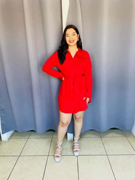 Vestido con estampado de flor 3D de manga larga corto rojo