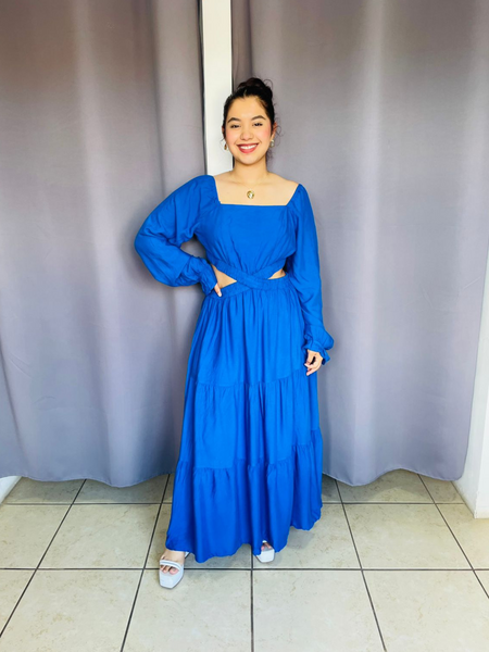 Vestido con escote en la cintura y manga larga azul