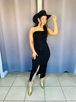 Vestido de botones straplee de mezclilla negro
