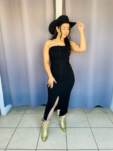 Vestido de botones straplee de mezclilla negro