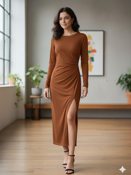 Vestido de cuello U largo color Café