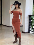Vestido naranja cobre strapless con mangas y abertura en pierna