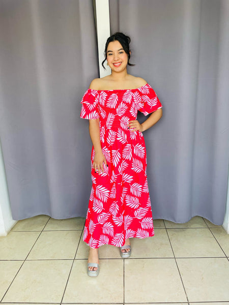 Vestido con estampado de hojas largo rojo