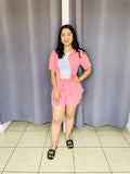 Conjunto de blusa, camisa y short rosa palo