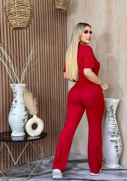 Conjunto de manga corta y pantalon tela rib rojo