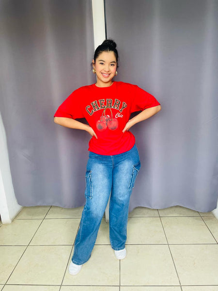 Playera oversize con estampado de cherries rojo