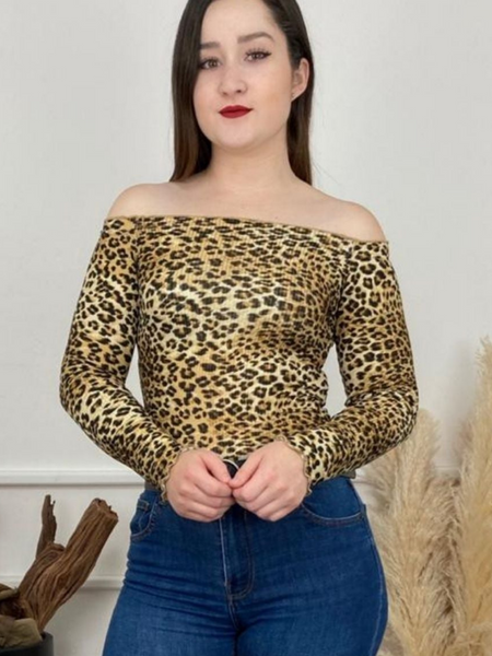 Blusa a los hombros de manga larga animal print color beige Success Boutique Cuu